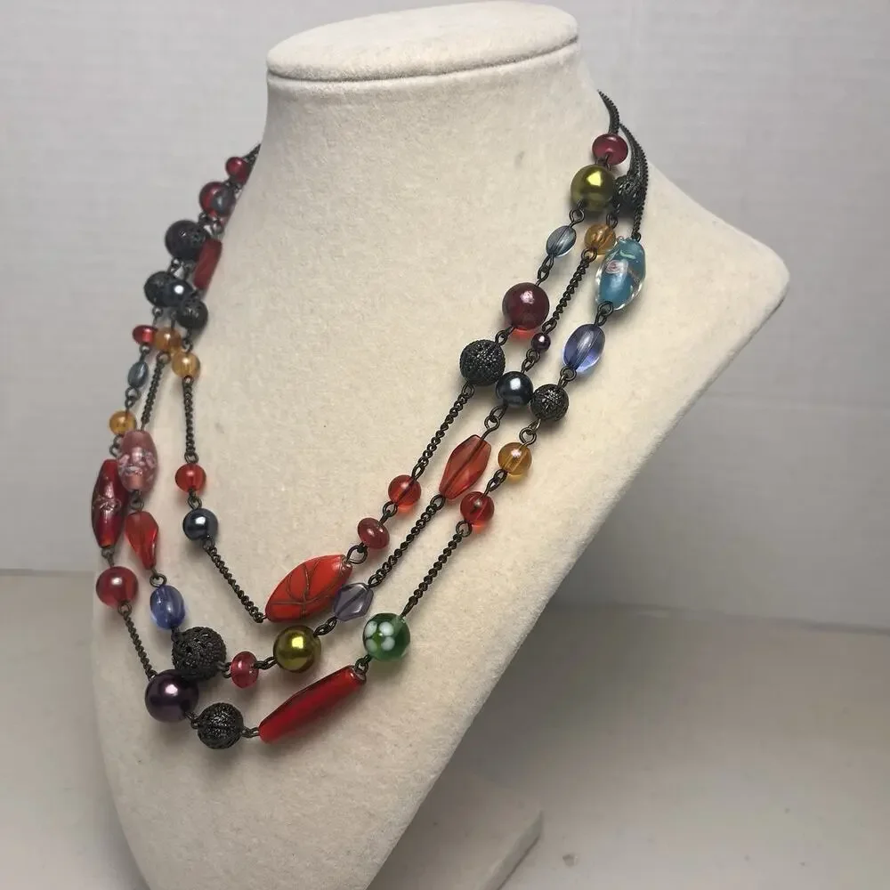 Avon Multicolored Layered Beaded Necklace Colorful Floral Adjustable 17-21